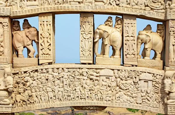 Stock image Scenes showing jataka stories of Buddha North gateway of stupa 1 Inner view, Sanchi, Bhopal, Madhya Pradesh, India 