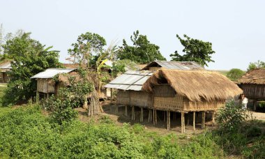 Kamalabari, Majuli Adası, Assam, Hindistan 'daki bambu evleri. 