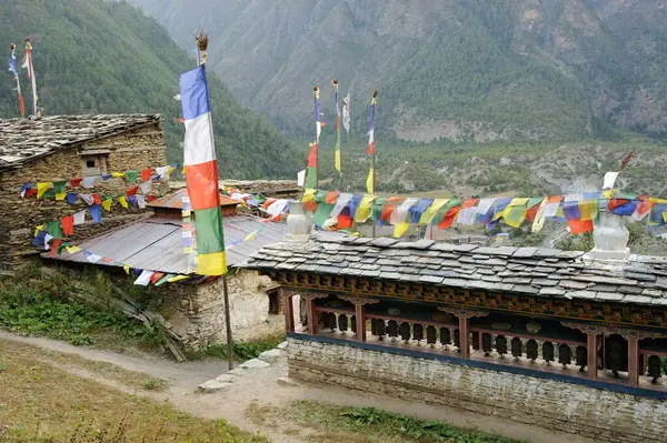 stock image Prayer wheel monastery, Upper Pisang, Nepal 