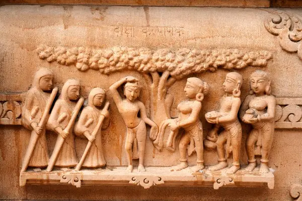 stock image Sculpture of saint on the wall of panchasara parasvanath jain temple , Patan , Gujarat , India