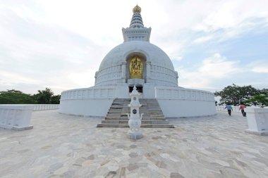 Lord Gautam Buddha 'nın altın heykeli, Budist bölgesi, Vishwa Shanti (Dünya Barışı) stupa, Rajgir, Bihar, Hindistan 