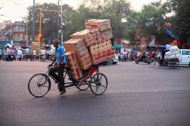 Çekçek işçileri Delhi 'de dolu el arabasını çekin. 