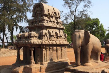 Nakul Sahadeva Ratha and Elephant statues and Pancha Rathas carved during the reign of King Mamalla (Narasimhavarman I; c. 630 - 670) Monolith rock carving temples ; Mahabalipuram ; District Chengalpattu ; Tamil Nadu ; India UNESCO World Heritage Sit clipart