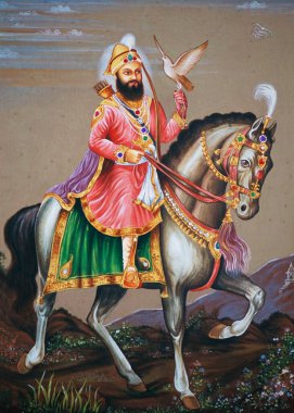 Guru Govind Singh riding on horse miniature painting on paper clipart