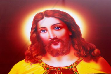 Kilise, Madurai, Tamil Nadu, Hindistan cephesinde İsa Mesih 'in renkli tablosu 