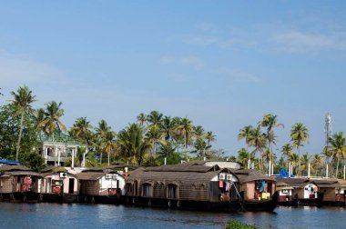 Alleppey Kerala Asya 'nın arka sularına park etmiş birkaç tekne. 