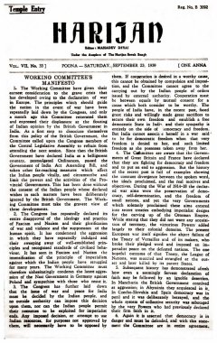 Harijan gazetesinin ilk sayfası Mahadev Desai, Poona, Hindistan, Asya, 23 Eylül 1939 