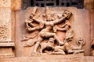 Decorative sculpture of mahishasura mardini at brihadeshwara temple, Thanjavur, Tamil Nadu, India  clipart