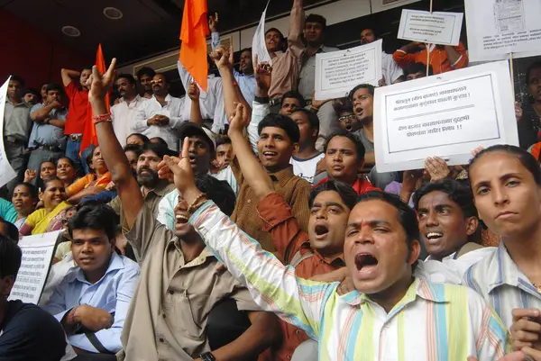 stock image Shiv Sainiks protest against the suspension of employees by Big Bazaar department stores in Bombay now Mumbai, Maharashtra, India 