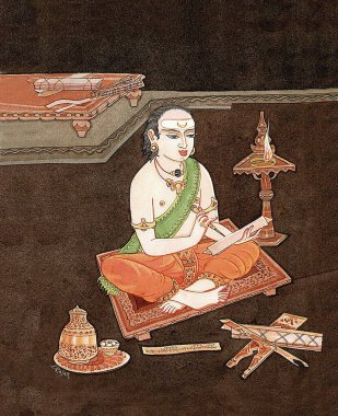 Sanatçı S. Rajam, kadın, Hindu inancı, Hindu inancı, Hinduizm, Hinduizm, sanat, himalaya akademi sanatı, lamba, kutsal kitap, bilge, ola yaprağı, palmiye yaprağı, sruti, yazı, antik, bilgi, bilgelik, öğrenim, akademik
