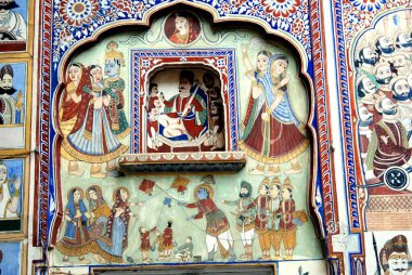 Wall frescoed paintings in Poddar Haveli Museum  ; Nawlgarh ; Rajasthan  ; India clipart