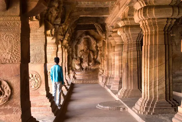 stock image Cave three dedicated to Vishnu, is the largest and most elaborate at Badami, Karnataka, India 