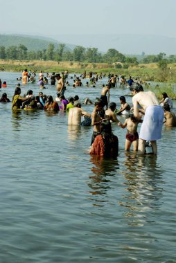 People bathing in holy water of Tansa River on occasion of Tripuri Poornima at Vajreshwari Thane district, Maharashtra, India, Asia. clipart