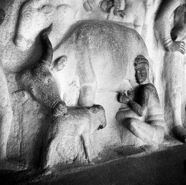 Krishna Mandapa 'daki heykeller; Mamallapuram veya mahabalipuram; Tamilnadu; Hindistan