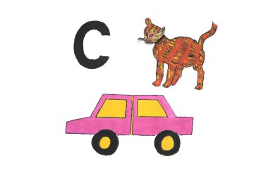 Araba ve kediyle alfabe C 'nin suluboya boyası