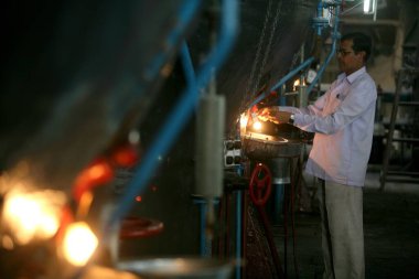 Sangli 'deki şeker fabrikasında şeker kristallerini test etmekle görevli bir şeker fabrikası laboratuvarı; Maharashtra; Hindistan