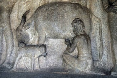 Kaya heykeli, Puranas, Mandapam, Mamallapuram, Tamil Nadu, Hindistan 