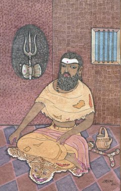 Sanatçı S. Rajam, saint, sadhu, swami, sannyasin, keşiş, adanmışlık, meditasyon, hindu inancı, hindu, hinduizm, sanat, yoga, himalaya akademi sanatı, chellapaswami, mızrak, trishula, davul, kaplan derisi, paçavra, mendikant, dilenci, guru.