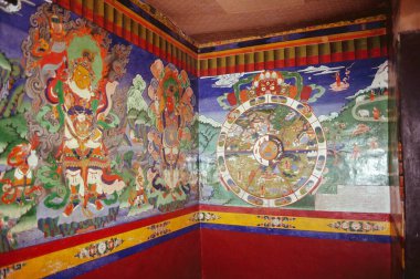 Spituk Gompa 'nın duvar resmi 900 yıllık Leh, ladakh, Jammu ve Kashmir' in baş gompası, Hindistan