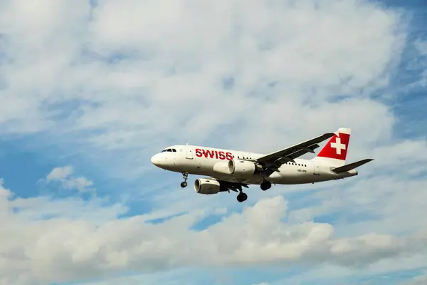 stock image Swiss Airlines Switzerland aeroplane landing at Heathrow Airport, London, UK 