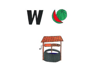 Watercolour painting of alphabet w with watermelon and well clipart