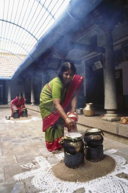 Kadın Pirinç ve Süt Pişiriyor, Pongal Festivali, Çettinad, Hindistan