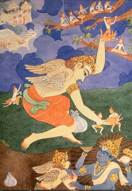 Hinduizm, hindu sanatı, himalaya akademi sanatı, din, maneviyat, sanatçı S. Rajam, bilge, garuda, vishnu, cennet.