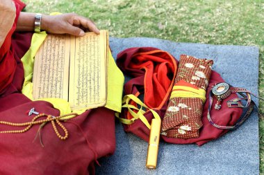 Budist keşiş kutsal kitapları okuyor, Sanchi, Madhya Pradesh, Hindistan 