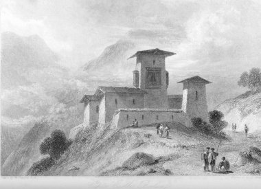 Capta Kalesi, Bootan, Butan, Vintage Renksiz Lithograf