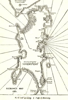 Bombay haritası, Niebuhrs haritası 1764, Mumbai, Maharashtra, Hindistan  