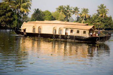 Lüks yüzen ev ve Hindistan cevizi ağaçları Backwaters, Alleppey, Kerala, Hindistan