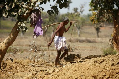 Jharkhand, Hindistan 'da çamur taşıyan yaşlı işçi.  