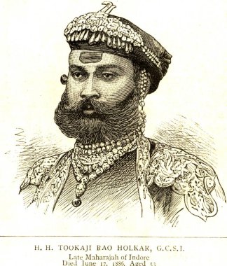 H.H. 'nin litografik portreleri. Tookaji Rao Holkar G.C.I. Indore 'lu geç Maharajah, 17 Haziran 1886' da öldü, 53 yaşında, 24 Temmuz 1886, Madhya Pradesh, Hindistan  
