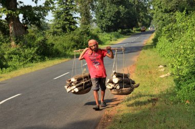 Sambalpur Orissa Hindistan 'da tahta sepetler taşıyan bir adam. 