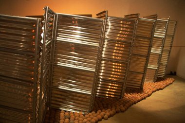 Bodhi Uzay Sanat Galerisi 'nde sanatçı Rajan Krishnan' ın kurma sanatı; Bombay şimdi Mumbai; Maharashtra; Hindistan