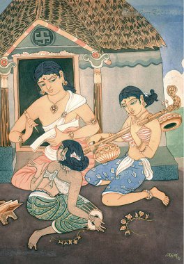 Hinduizm, hindu sanatı, himalaya akademi sanatı, din, maneviyat, sanatçı S. Rajam, köy, müzik, bhajan, kulübe, ev, aile.