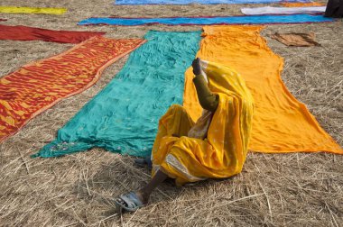Kumbh Mela Festivali 'nde sari kurutan kadın uttar pradesh India' da 