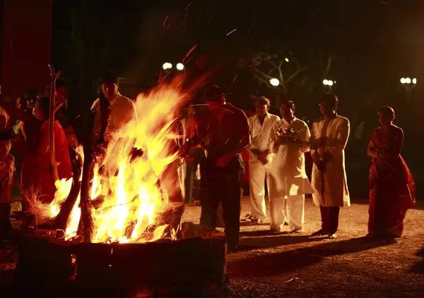 stock image Flames of Holika Dahan fire festival , India