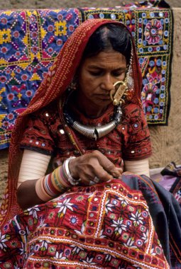Karmaşık nakış yapan kadın, Gujarat, Hindistan