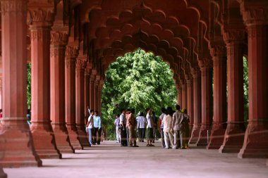Diwan-I-Am veya İmparator tarafından kullanılan halk dinleyici salonu; UNESCO Dünya Mirası sitesi Lal Qila ya da Kızıl Kale olarak da bilinen ünlü Delhi kalesi (1638-1648) Mughal İmparatoru Şah Cihan tarafından saray olarak kullanıldı; Delhi; Hindistan