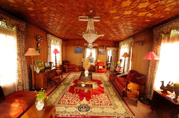 Interior of houseboat, Srinagar, Jammu and Kashmir, India 