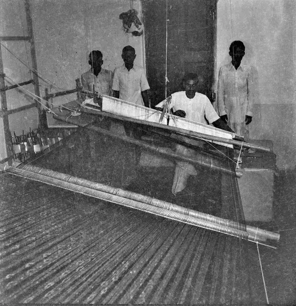stock image old vintage 1900s black and white picture of Indian wooden handloom weaving machine India 1940s