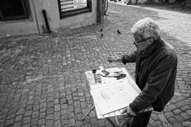 Ressam Cobbled Street, Riquewihr Colmar, Fransa, Avrupa