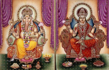 Lord Ganesh Ganpati Tanrıça ve Lakshmi Minyatür Fildişi Boyama