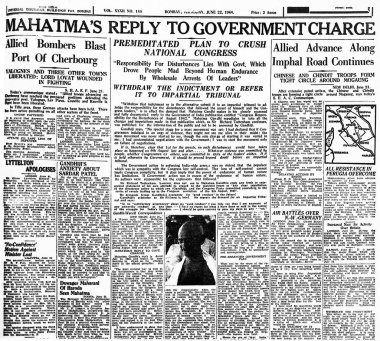 22 Haziran 1944 'te Mumbai gazetesinin ön sayfasında.  