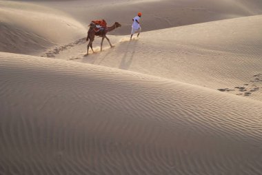 Develi bir adam telaş içinde kumulda yürüyor, Khuri, Jaisalmer, Rajasthan, Hindistan 