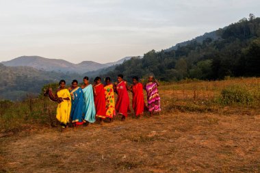 Dhimsa halk dansı yapan kadınlar, Andhra Pradesh, Hindistan, Asya 