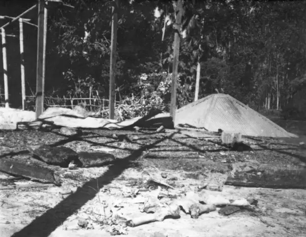 stock image Destroyed hut after the riots between Hindus and Muslims in Noakhali East Bengal, November 1946, India 