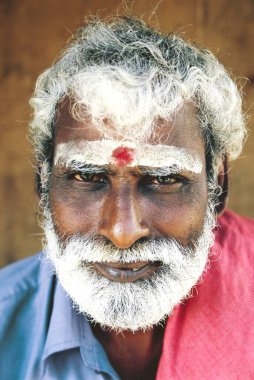 Yaşlı sakallı adamın portresi alnında beyaz tilak, madurai, Tamil Nadu, Hindistan