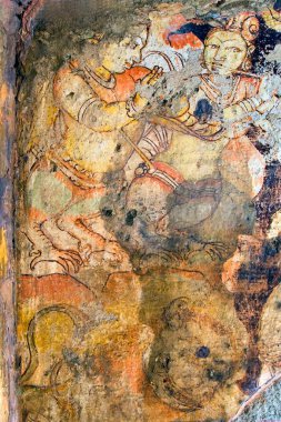 Kinnaras freski; Hindu mitolojisi; paradigmatik aşık; göksel müzisyen; Kailasanatha tapınağında yarı insan yarı kuş; Kanchipuram; Tamil Nadu; Hindistan